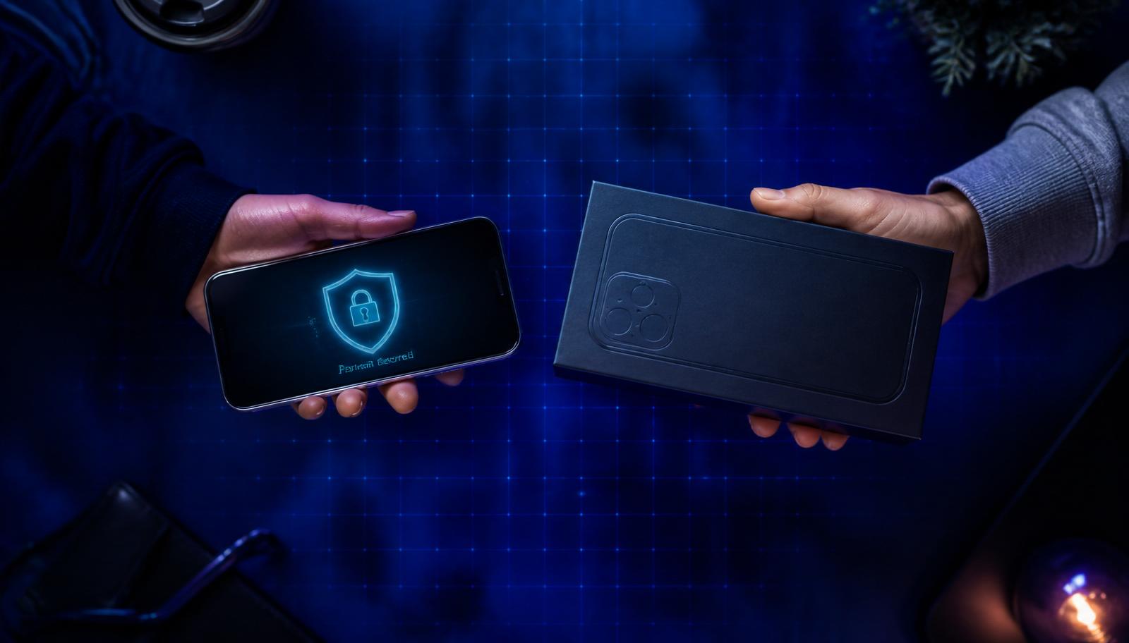 Two hands exchanging a boxed product with a smartphone showing a Payment Secured shield