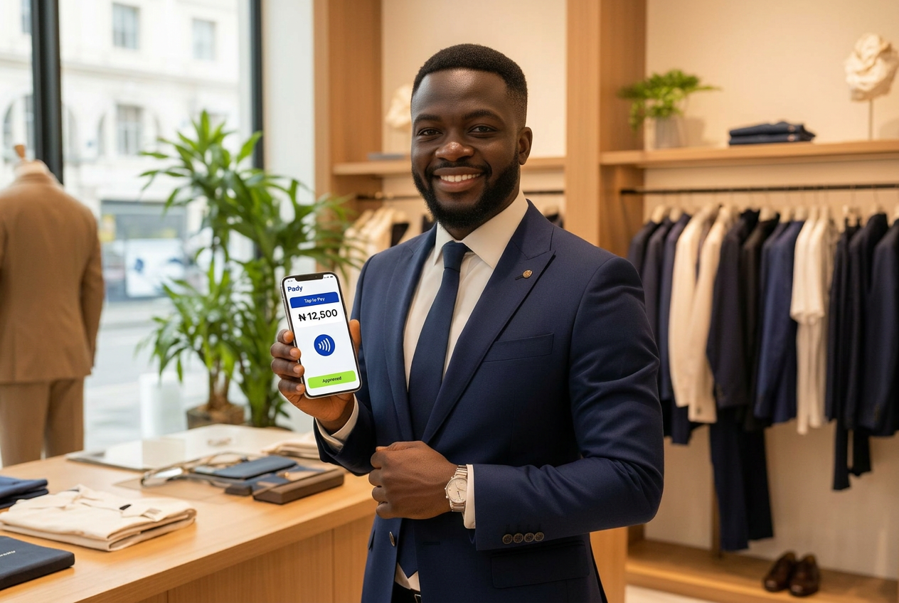 A boutique owner accepting a contactless payment on a phone