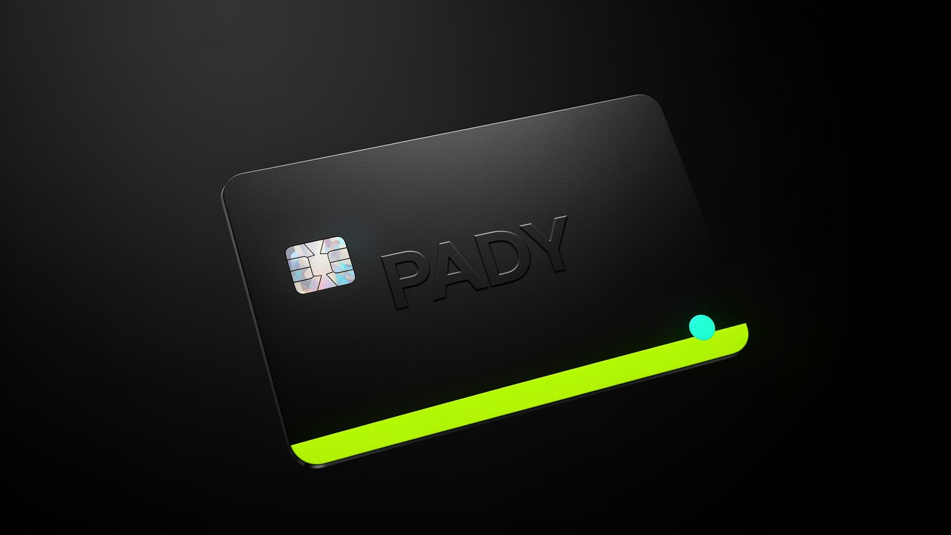 Pady physical debit card with a neon lime accent