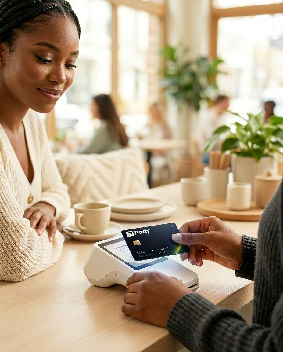 Customer paying with the Pady premium card at a card reader