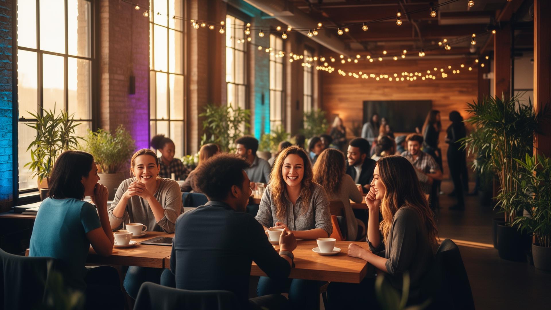A diverse group of Nigerian fintech community members laughing at an evening meetup