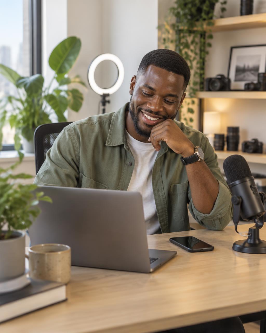 Smiling creator at his desk checking Pady on his phone