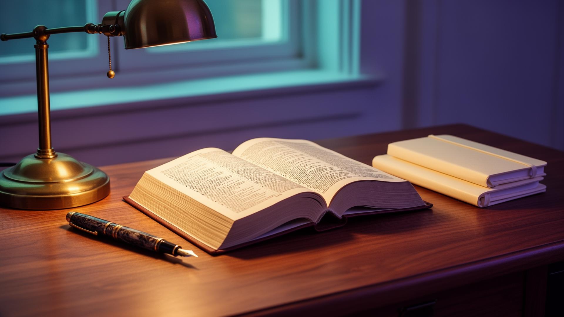 Open dictionary on a warm oak desk with a brass reading lamp