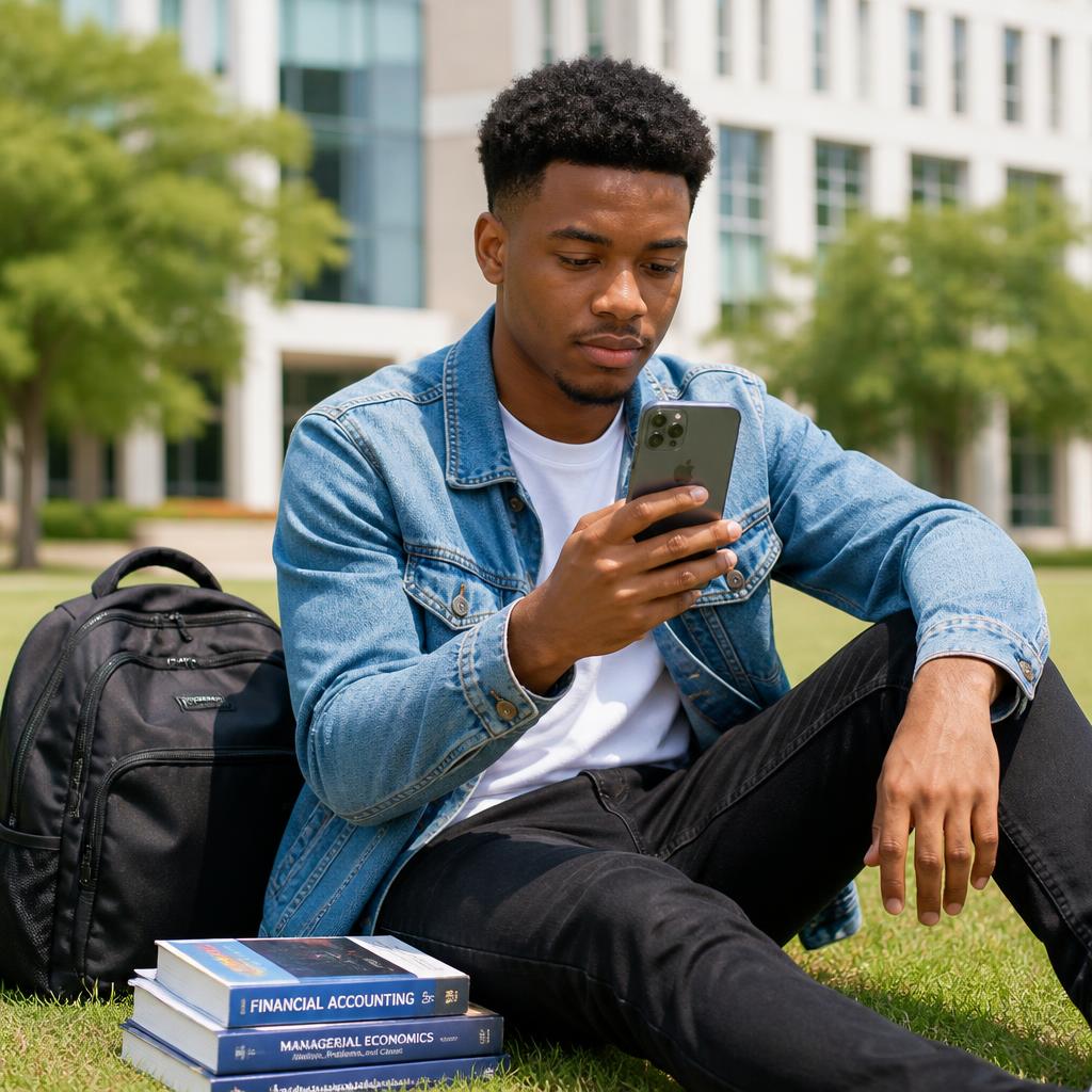 Young male student managing money on Pady
