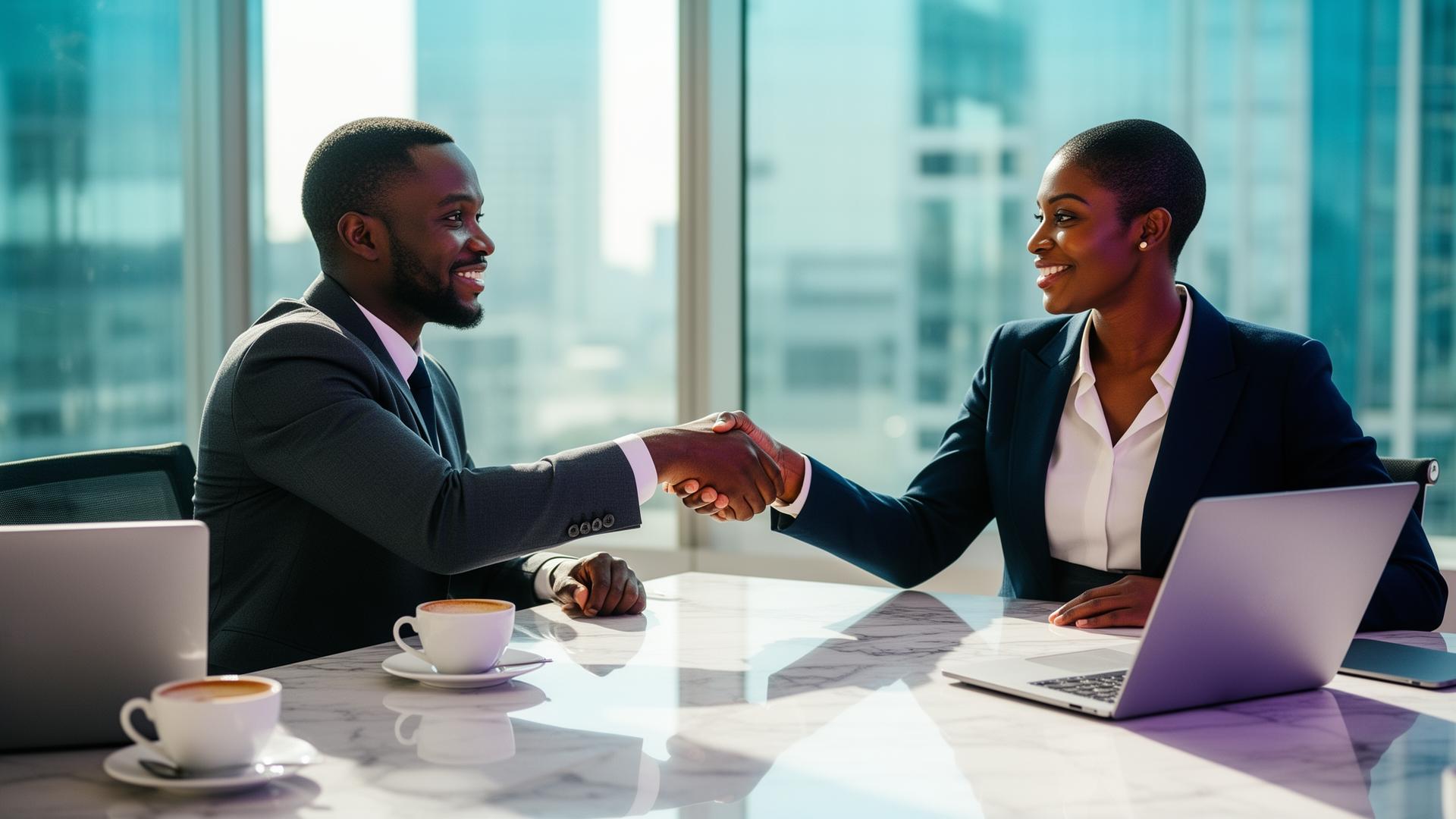 Two business partners shaking hands at a clean modern desk