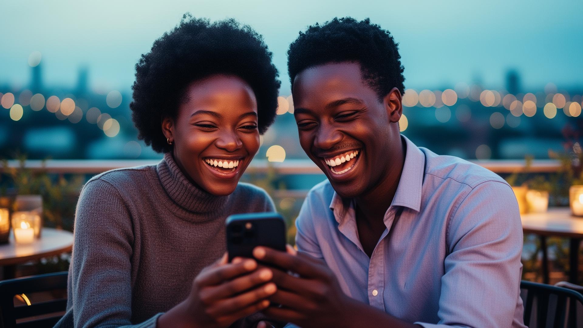 Two friends laughing together while looking at a smartphone on a Lagos rooftop