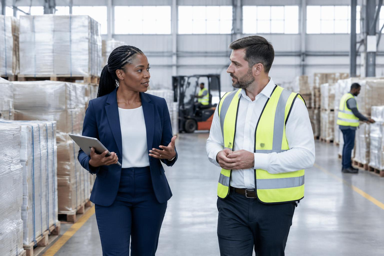 Business owner discussing cargo and procurement with a logistics professional in a warehouse