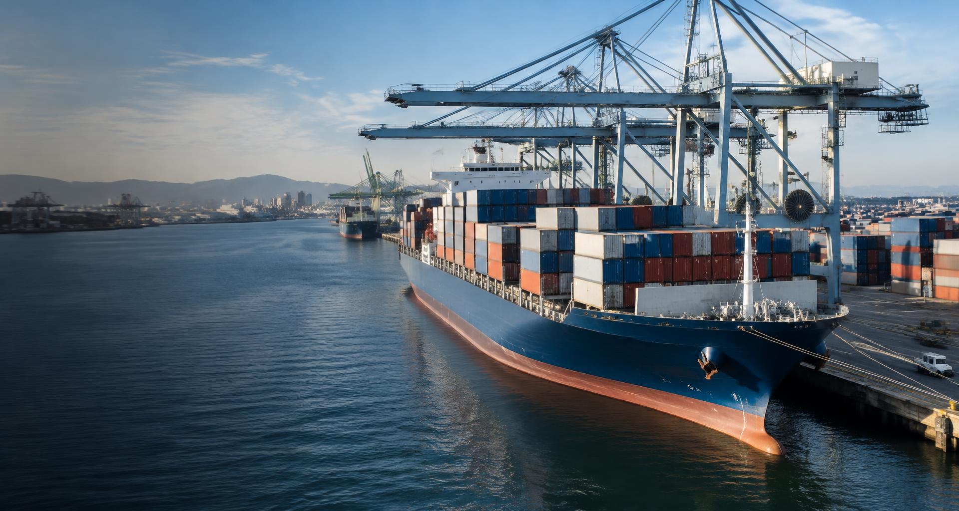 Container ship and cranes at an international cargo port