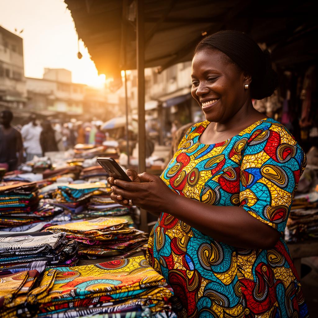 A Nigerian market trader using a smartphone at her textile stall