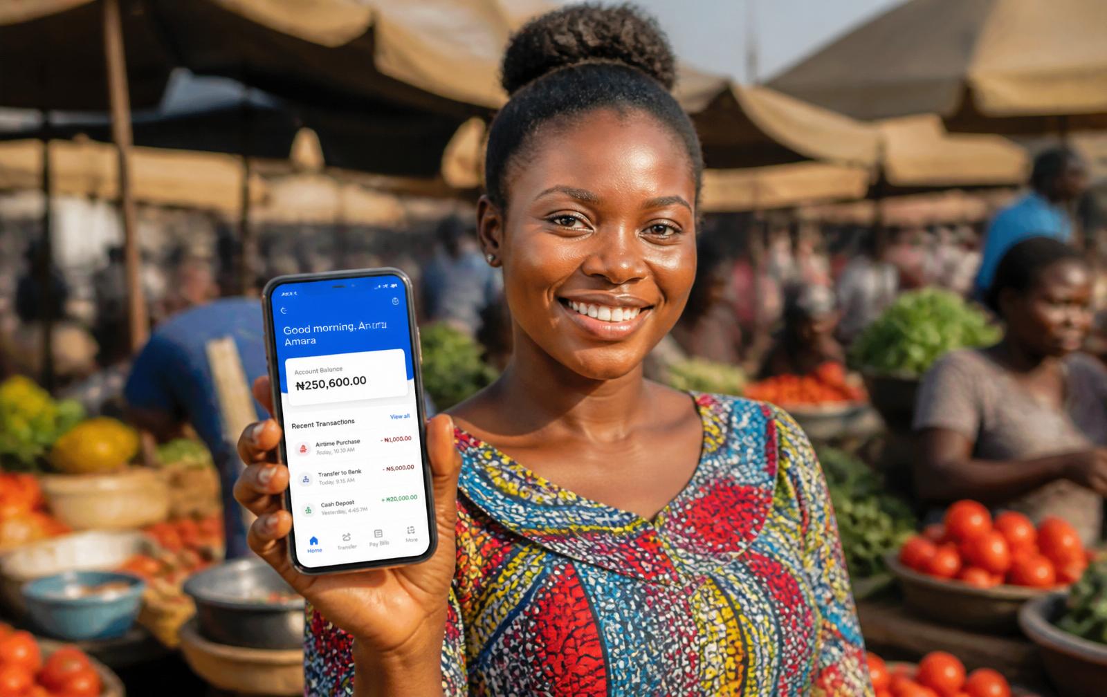 A young Nigerian trader smiling at a market stall, holding up a Pady app on her phone